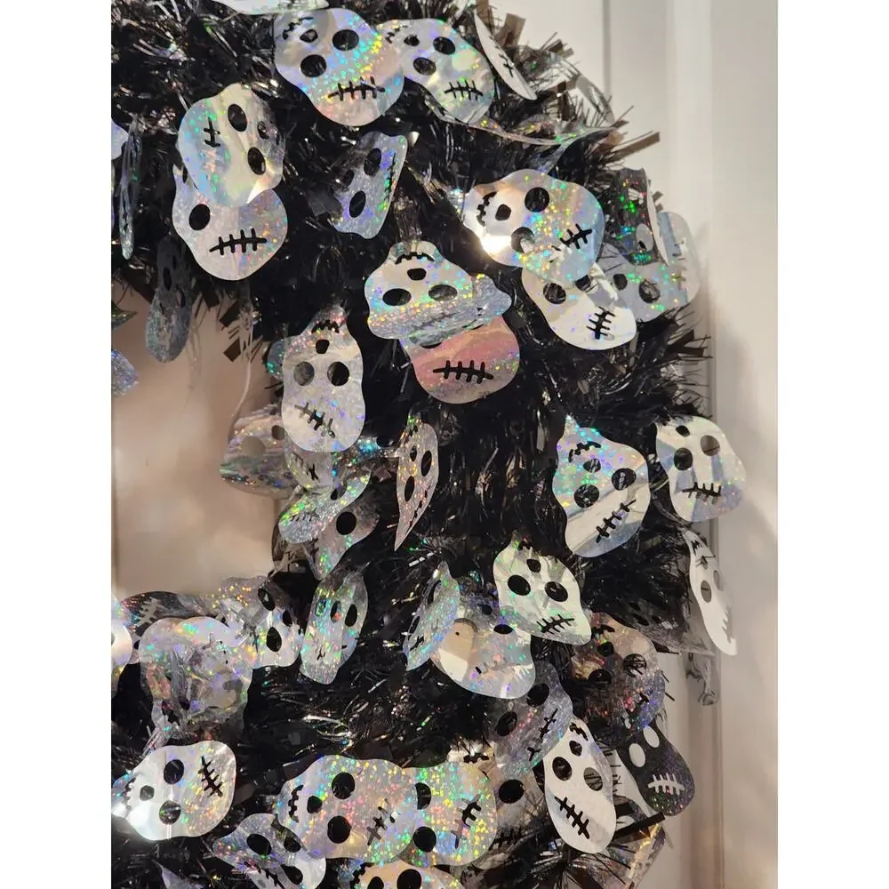 Halloween Tinsel Wreath Black with Silver Skeletons Door Decor 19
